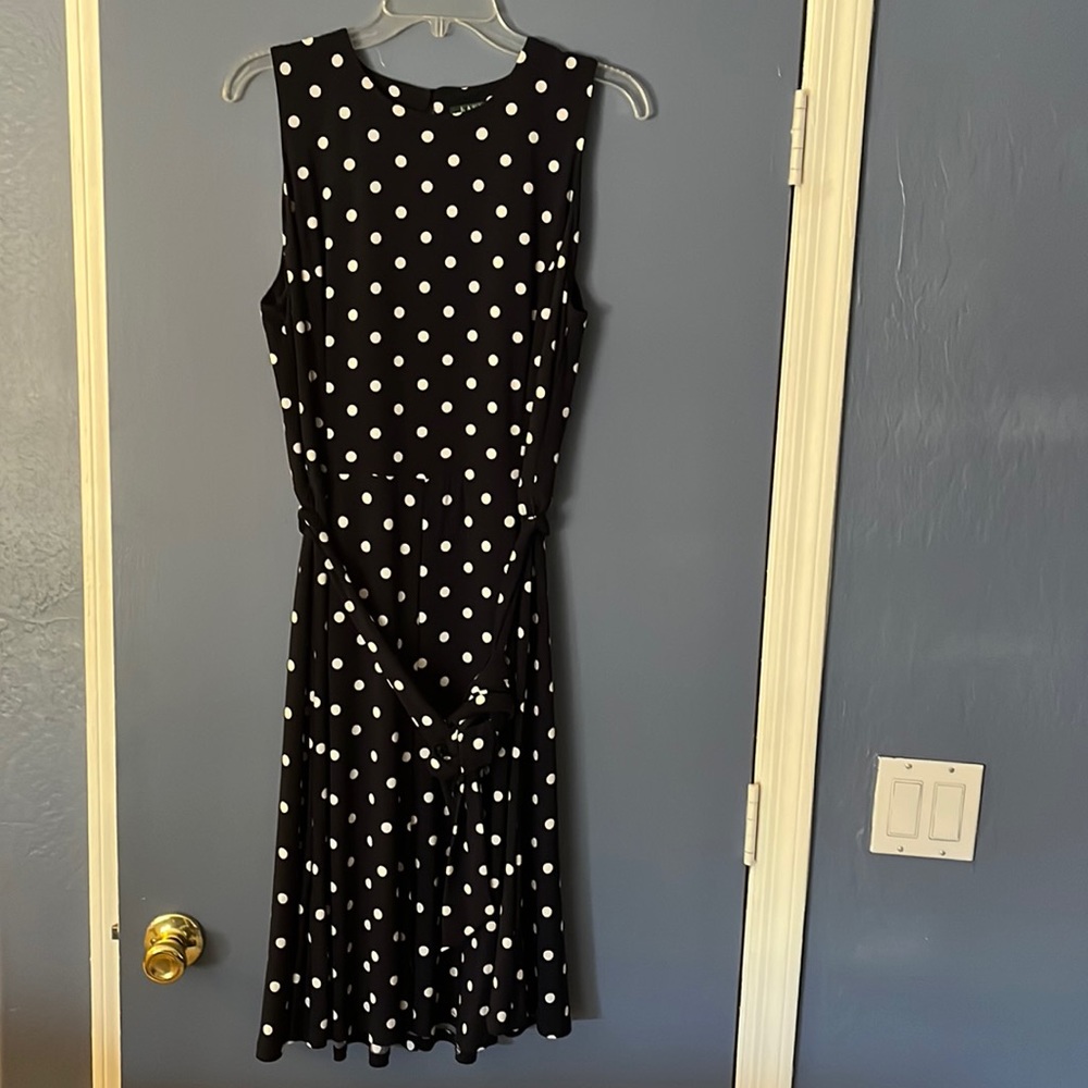 Ralph Lauren Sleeveless Navy Blue/White Polkadots Knee Length Beautiful Dress 14